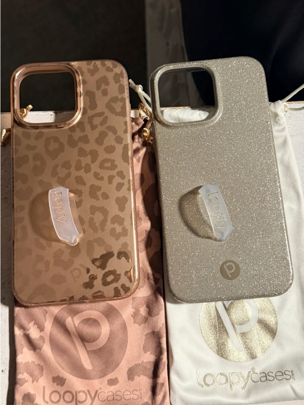 Loopy Case Rose Gold Leopard and Glitter Silver Duo with Loopy Grip